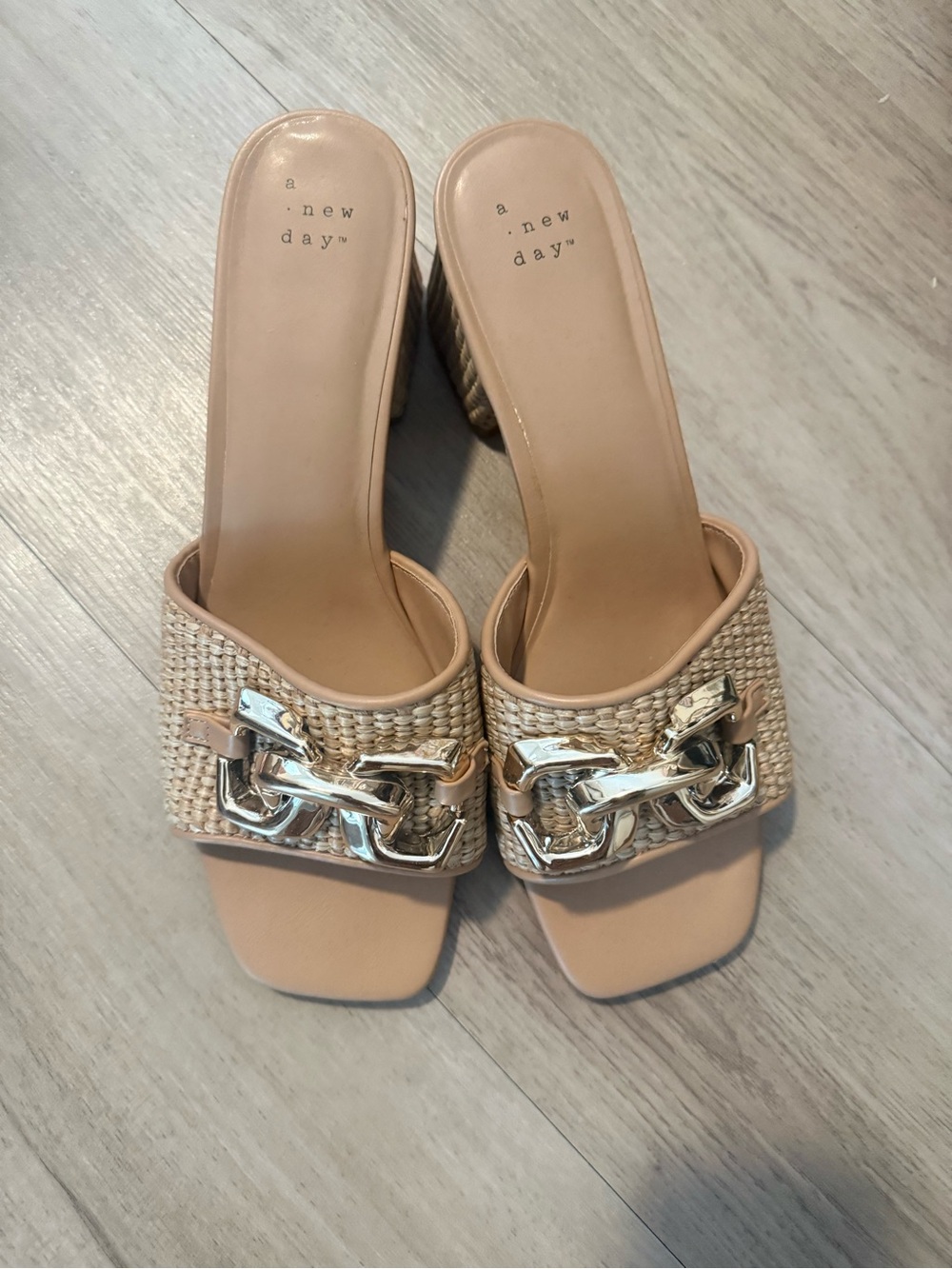 A New Day Tan Woven Mule Heels with Gold Chain Detail